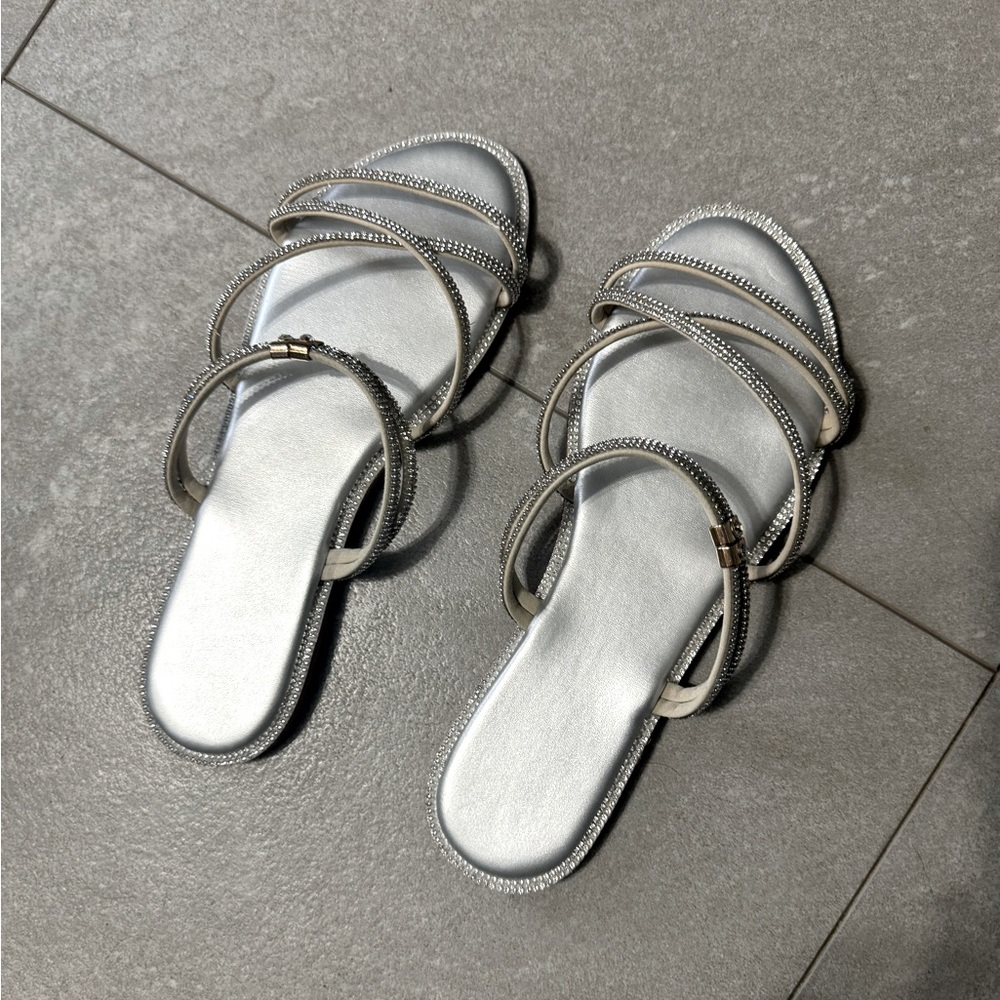 Silver Strappy Sequined Sandals - Size 40